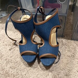 Denim Cutout Lace-Up Women's Heels - Blue and Brown